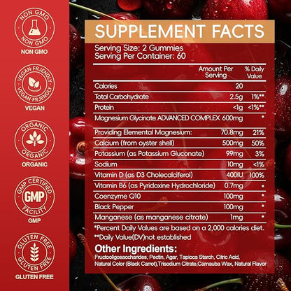 Magnesium Glycinate Gummies 600mg, Chewable Sugar Free Magnesium L-threonate Gummies with Vitamin D, B6, and CoQ10 for Sleep, Relaxation, Brain and Muscle, 60 Days Supply for Men & Women