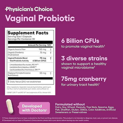 Physician's CHOICE Vaginal Probiotics for Women - pH Balance, Odor Control, Yeast Balance, Vaginal Flora & Feminine Health - 6B CFU with Organic Prebiotics and Cranberry Extract - 30 CT