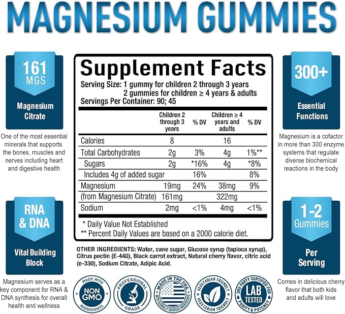 Purely Optimal Magnesium Citrate Gummies for Kids & Adults - Delicious Cherry Flavor - Sleep, Calm & Digestive Support, Relaxation, Muscle Health - Chewable Magnesium, Gluten-Free, Vegan - 90 Gummies