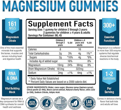 Purely Optimal Magnesium Citrate Gummies for Kids & Adults - Delicious Cherry Flavor - Sleep, Calm & Digestive Support, Relaxation, Muscle Health - Chewable Magnesium, Gluten-Free, Vegan - 90 Gummies
