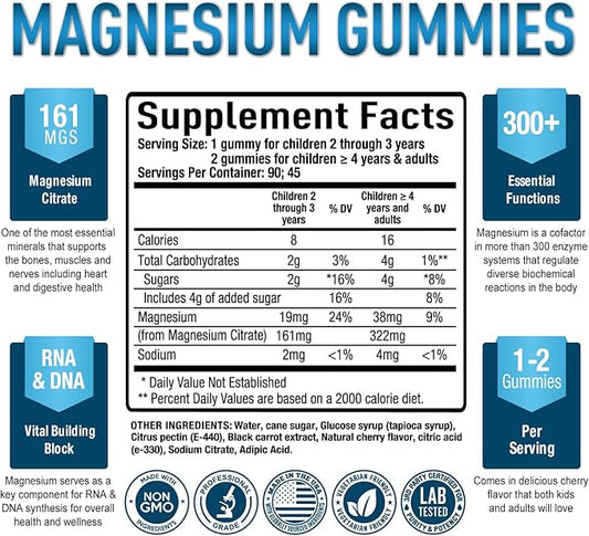 Purely Optimal Magnesium Citrate Gummies for Kids & Adults - Delicious Cherry Flavor - Sleep, Calm & Digestive Support, Relaxation, Muscle Health - Chewable Magnesium, Gluten-Free, Vegan - 90 Gummies