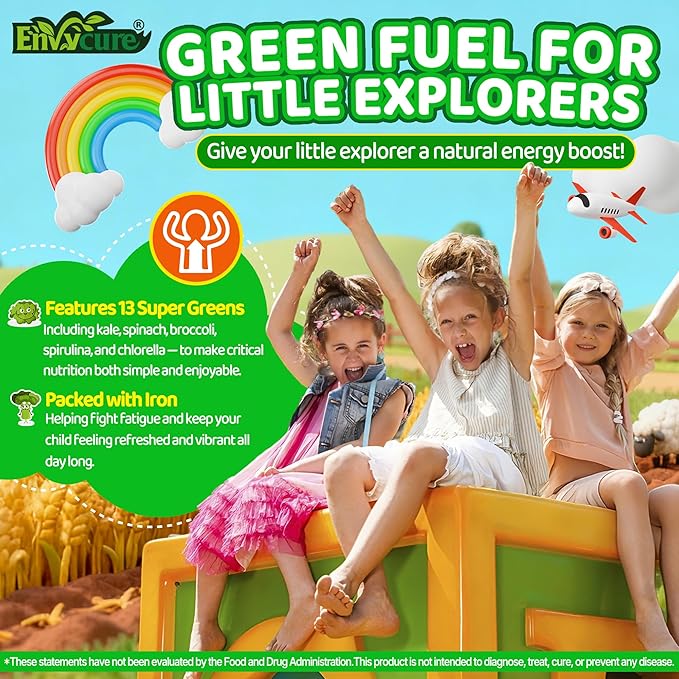 Kids Super Greens Gummies, w/Multivitamins, 20+ Veggie Fruit, Prebiotics, Calcium, Omega-3 (DHA/EPA), Kids Vitamins Greens Superfood Gummies for Picky Eaters Growth, Energy, Immune, Digestion, 1 Pack