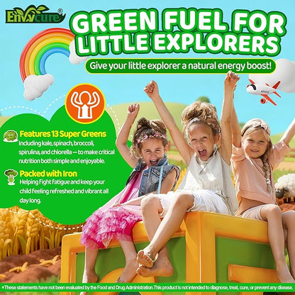 Kids Super Greens Gummies, w/Multivitamins, 20+ Veggie Fruit, Prebiotics, Calcium, Omega-3 (DHA/EPA), Kids Vitamins Greens Superfood Gummies for Picky Eaters Growth, Energy, Immune, Digestion, 1 Pack