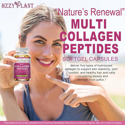 Multi Collagen Peptides Softgel - Type I, II, III, V, X - Hydrolyzed Collagen Peptides with Biotin Vitamin C Hyaluronic Acid for Women & Men, Supports Skin Hair Nail & Joint, Non-GMO, 60 Servings