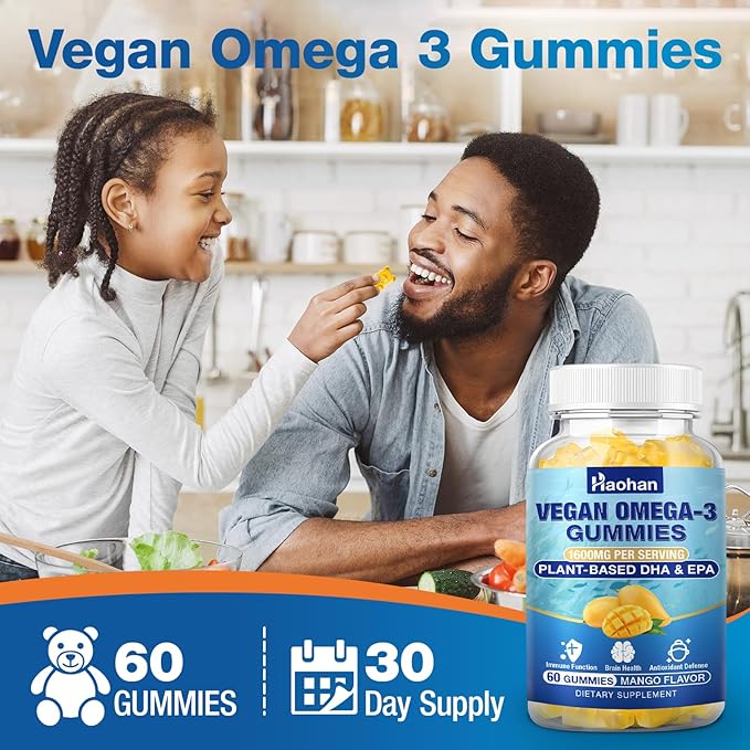 Omega-3 Gummies for Adults, Orange Flavor – Sugar-Free, Algae-Derived DHA 600mg & EPA 300mg, with Vitamins A, C, E, Zinc, 60 Gummies