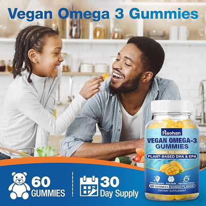 Omega-3 Gummies for Adults, Orange Flavor – Sugar-Free, Algae-Derived DHA 600mg & EPA 300mg, with Vitamins A, C, E, Zinc, 60 Gummies