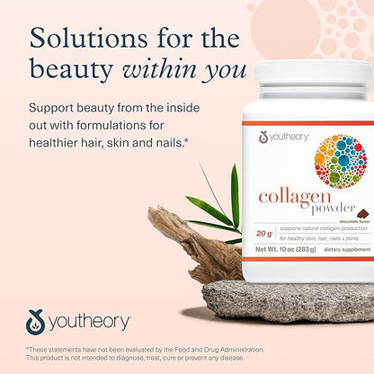 Youtheory Collagen Powder - Hydrolyzed Collagen Peptides with Vitamin C - Supports Healthy Bones, Joints & Immune System* - Chocolate - 10 oz (10-Day Supply)