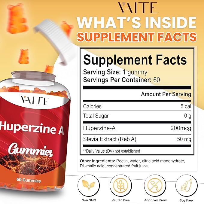 Huperzine A Supplement 200 mcg Gummies - Brain Supplements for Memory and Focus, Supports Cognitive Function & Mental Clarity - for Men, Women & Seniors - Non-GMO, Gluten-Free, 60 Vegan Chewables