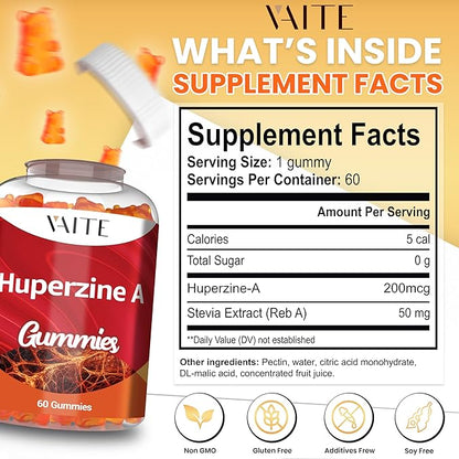 Huperzine A Supplement 200 mcg Gummies - Brain Supplements for Memory and Focus, Supports Cognitive Function & Mental Clarity - for Men, Women & Seniors - Non-GMO, Gluten-Free, 60 Vegan Chewables