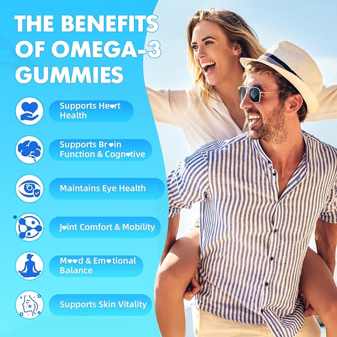 softbear Omega 3 Gummies for Women & Men & Kids Omega 3 Supplements 1200mg Vegan Omega 3 Fatty Acids DHA EPA with Vitamins Support Eye & Brain Health, Sugar Free, Strawberry Flavor 60 Count