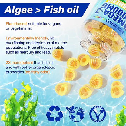 Vegan Omega-3 Gummies 1000mg + Turmeric - Omega 3 Fish Oil Alternative for Adults - Algae DHA 600mg & EPA 300mg, Vitamins A, C, E, Zinc & MSM, Sugar Free, 120 Cts