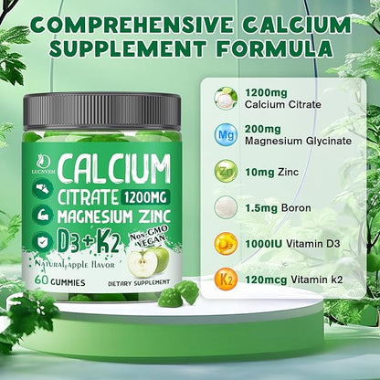 Calcium Citrate 1200 mg with Vitamin D3 Gummies, Calcium Citrate Magnesium Zinc with Vitamin D3 Supplement for Women & Men Bone & Teeth Support, Natural Apple Flavor - 30 Day Vegan Supply