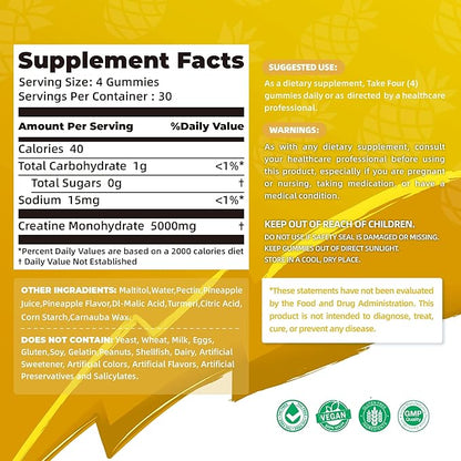 NSF Certified Creatine Gummy - Creatine Monohydrate Gummies 5000mg for Men & Women -120 Gummies Advanced Formula, Muscle Strength, Muscle Builder, Energy Boost, Pre-Workout Supplement-Pineapple