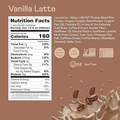 OWYN Only What You Need Double Shot Vanilla Latte Flavored Protein Shake, 20g Protein, 0g Sugar, 3g Fiber, 180mg Caffeine, Dairy Free, Plant Based Protein Drink, 12 Count