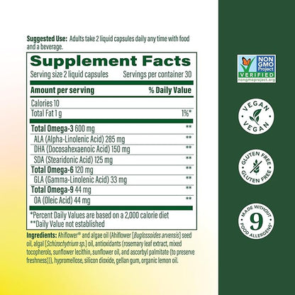 MegaFood Vegan Omega 3 6 9 - Burp-Less Supplement - 600 mg Plant-Based Omega 3 & 150 mg DHA Per Serving - Heart, Brain, Vision & Joint Support - Fish Oil Alternative - 60 Capsules, 30 Servings