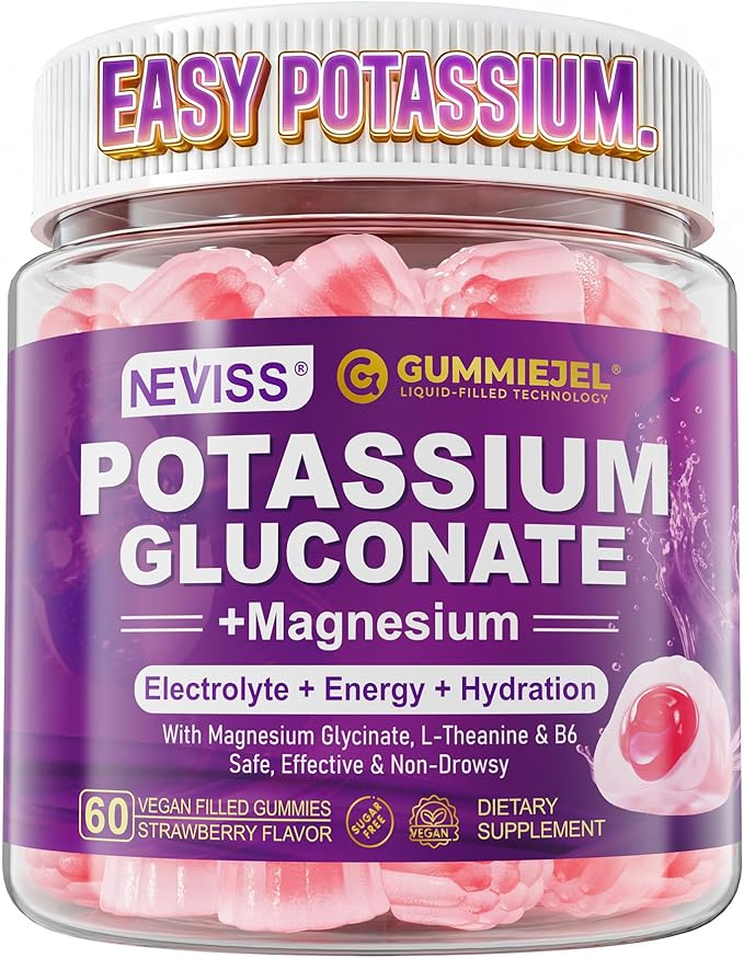 NEVISS Potassium Gluconate + Magnesium Glycinate Gummies w/ B6 & L-Theanine for Muscle Cramp & Leg Cramp Relief | Sugar-Free Electrolyte Supplement for Energy, Hydration & Calm Relax | Vegan, 60Cts