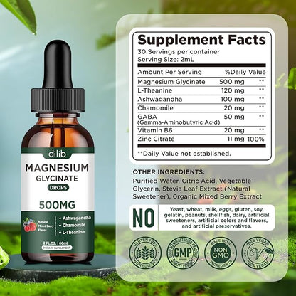 Magnesium Glycinate Liquid Drops Supplement, with Magnesium Glycinate 500mg Ashwagandha, L - Theanine, Chamomile -Support Stress Relief, Bone, Muscle, Mood Mixed Berry Flavor 2Pack