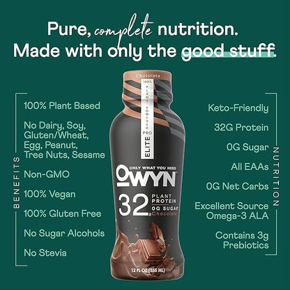 OWYN Only What You Need Pro Elite Vegan High Protein Keto Shake, 32g Protein, 9 Amino Acids, Omega-3, Prebiotics, Superfoods Greens for Workout and Recovery, 0g Net Carbs, Zero Sugar (Chocolate, 12 Fl Oz (Pack of 36)