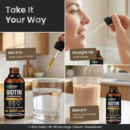 Liquid Biotin & Collagen Drops with Aloe Vera – Unique Formula 60,000 mcg - Vitamins for Hair Growth support, Strong Nails & Radiant Skin – Liquid Collagen Supplement for Women & Men – 2 fl oz