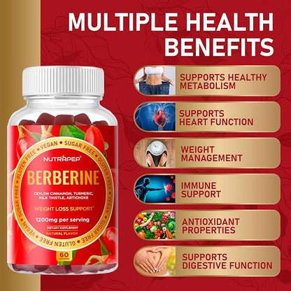 Premium Berberine HCl Weight Loss Support Gummies - 1200 mg Berberine HCl with Ceylon Cinnamon Turmeric Milk Thistle Artichoke for Metabolism Appetite Support - Sugar Free Gluten Free