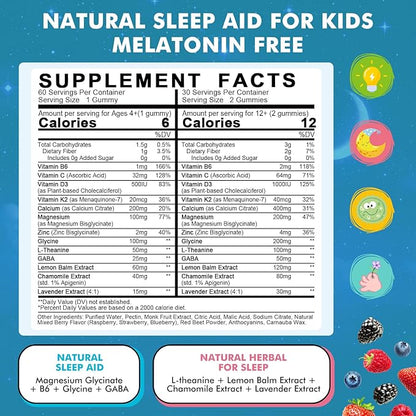 Kids Sleep Gummies with Magnesium Glycinate – Melatonin Free Bedtime Support for Kids – Calm & Relaxation with L-Theanine, GABA, Chamomile & Lemon Balm – Sugar Free Mixed Berry Flavor, 120 Gummies
