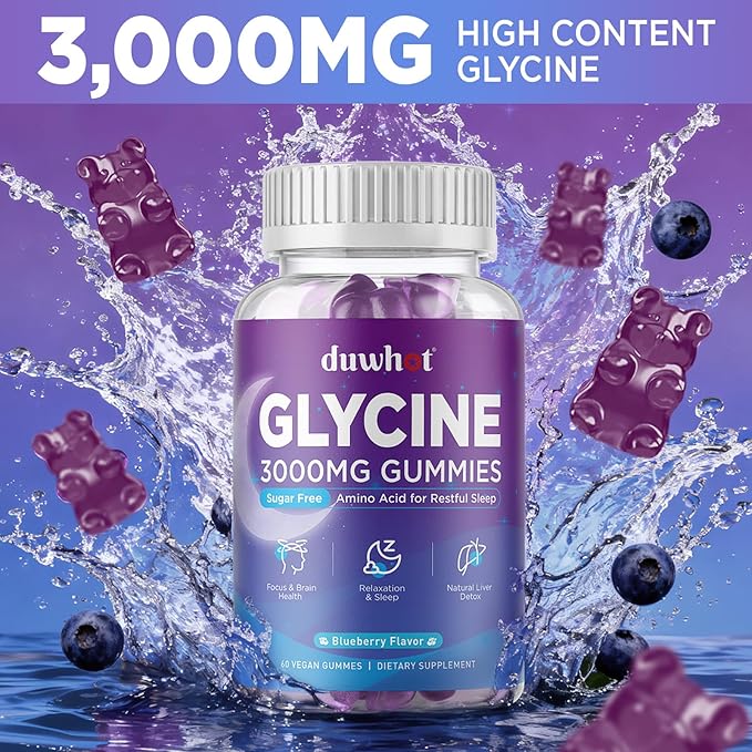 duwhot Glycine Gummies, 3g(3000 mg) Glycine Supplements for Sleep, Detox, Relax, Nerve Support, Blueberry Flavor, Sugar-Free, Vegan, Non-GMO, Gluten-Free, 60 Ct.