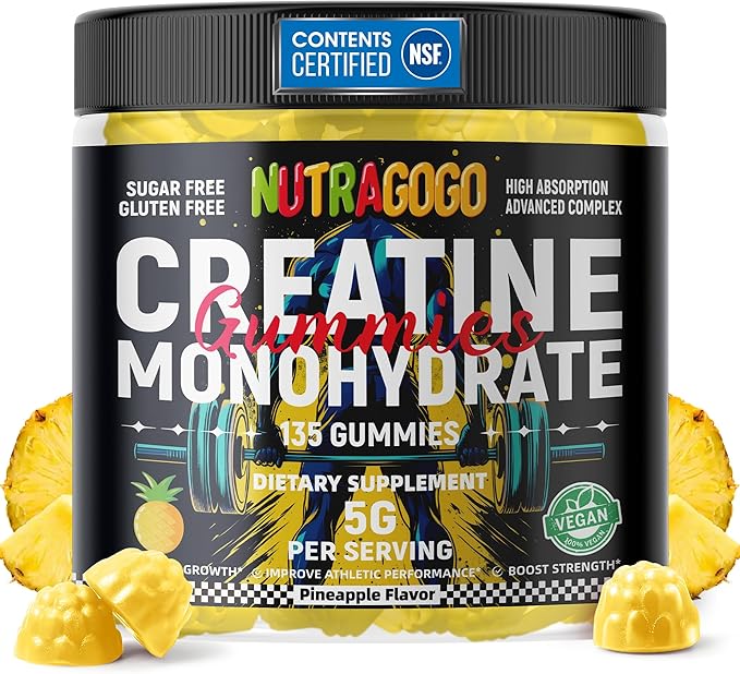 NSF Certified Creatine Gummy - Creatine Monohydrate Gummies for Men & Women-5g of Creatine Monohydrate per Serving - Sugar Free,Vegan, Pineapple Electrolyte Chews, 135 Count