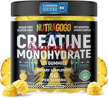 NSF Certified Creatine Gummy - Creatine Monohydrate Gummies for Men & Women-5g of Creatine Monohydrate per Serving - Sugar Free,Vegan, Pineapple Electrolyte Chews, 135 Count