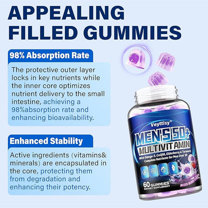 Sugar Free Multivitamin Gummies for Men 50 Plus - Methylated Multivitamin with Omega-3, CoQ10, Elderberry & Turmeric for Energy, Immune, Gut, Health Support - Vegan, Non-GMO, Gluten-Free
