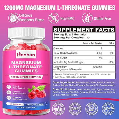 Magnesium L-Threonate 1200mg Gummies to Support Focus & Muscles, Sugar-Free Raspberry Flavor, 120 Count for Adults & Kids