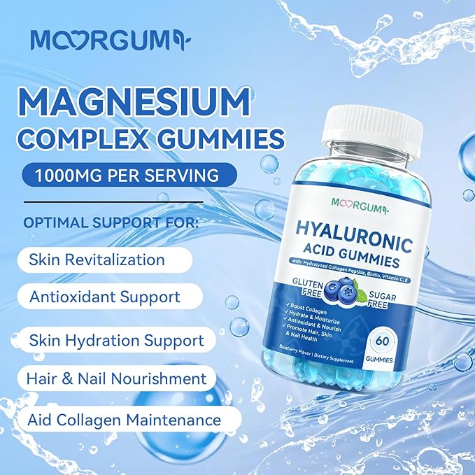 1000mg Hyaluronic Acid & Collagen Peptide Supplements with Biotin, Vitamins C & E - Hair Skin Nails Health Support for Men & Women, Blueberry Flavor, Gluten-Free 60 Gummies