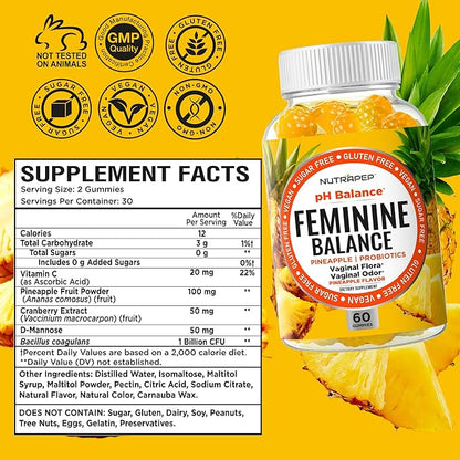 Feminine Balance Probiotics Gummies for Women - Vaginal Health & Women's pH Balance Natural Gummy Supplement with Cranberry Pineapple Powder - Sugar Free Gluten Free Vegan