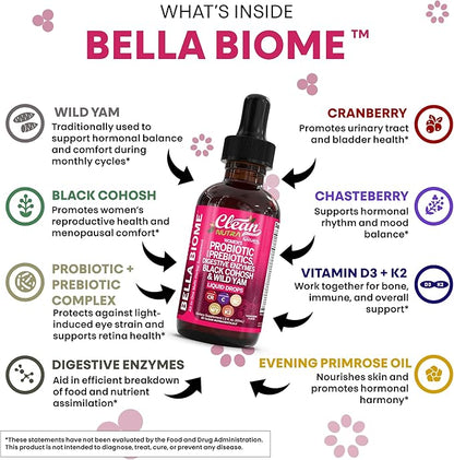 Liquid Probiotics for Women Drops with Chasteberry, Black Cohosh, Prebiotics, Digestive Enzymes, Evening Primrose Oil, Wild Yam, Cranberry Dmannose and Iron Vitamin D3 K2 Clean Nutra Bella Biotics (2)