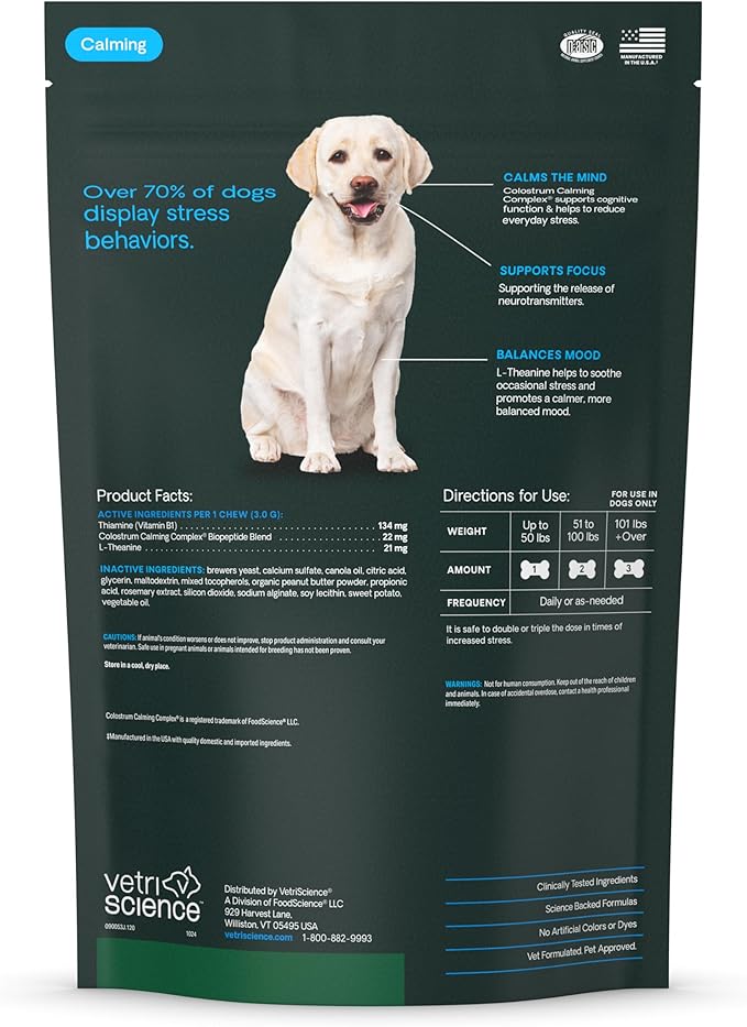 VetriScience Clinically Tested Composure Calm & Confident Chews - Supplement for Dogs with Anxiety, Stress & Fear with L-Theanine for Thunderstorms, Fireworks or Travel, Peanut Butter, 120 Count