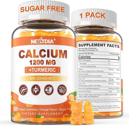 Calcium Gummies with Turmeric for Women & Men - Calcium 1200mg with Vitamin D3 K2 B12 5000 IU & Zinc, Suger-Free Calcium Supplement for Bone, Muscle Strength & Immune Support - Vegan(60 Count)
