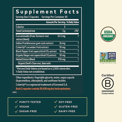 Gaia Herbs Turmeric Supreme Joint Health - Joint Support Supplement with Cucumber, Quercetin, Black Pepper, Ginger Root, Curcuminoids & More* - 60 Liquid Phyto-Caps (30 Servings)