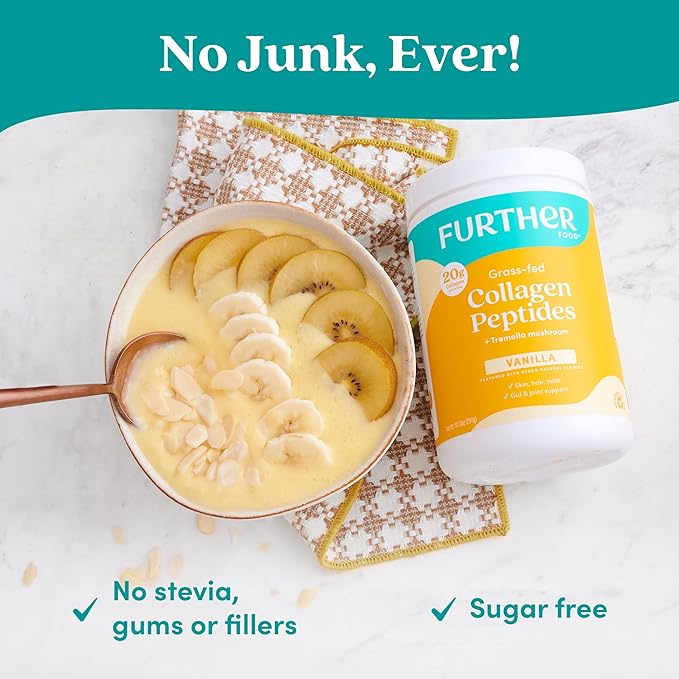 Further Food Vanilla Collagen Peptides Powder with Tremella Mushroom – 100% Grass-Fed, Hydrolyzed Type 1 & 3, 20g of Collagen per Serving, Supports Skin, Hair, Nails & Joints, 10.37 Oz