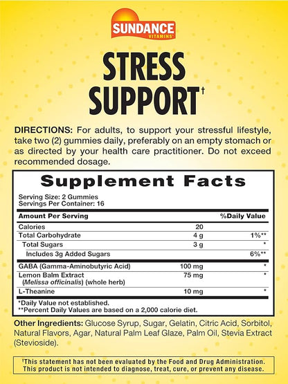 Sundance Stress Support Gummies | with GABA and Lemon Balm | Lemon Strawberry Flavor | 32 Count | Non-GMO & Gluten Free