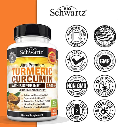 Turmeric Curcumin with Black Pepper Extract 1500mg - High Absorption Ultra Potent Turmeric Supplement with 95% Curcuminoids and BioPerine - Non GMO Tumeric Capsules for Joint Support - 45 Capsules