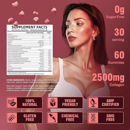 VIFSSG Collagen Peptide Gummies for Women,60 Gummies Sugar-Free Hydrolyzed, Extra Strength 2500mg Protein Type I,II,III,V,X with 15000mcg Biotin and Vitamin A B6 B12 C D E for Hair Skin Nail