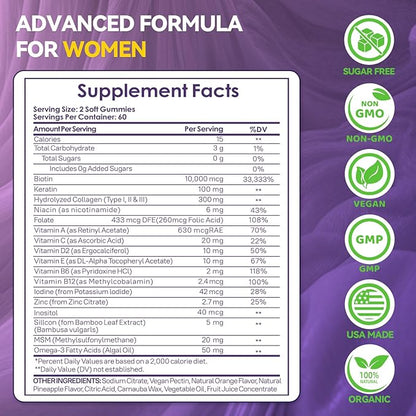 Hair Growth Multivitamins Gummies Sugar Free Biotin Gummies 10000mcg with Collagen, Keratin, Silicon, MSM & Omega-3 Vegan Hair Growth Supplement for Women - 120 Gummies - 60 Servings