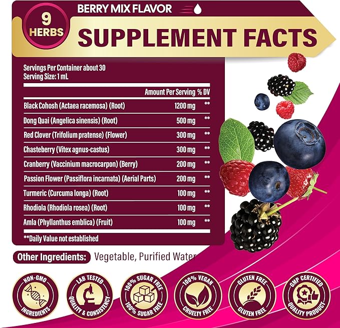 9in1 Liquid Black Cohosh Supplements Women with Dong Quai, Red Clover, Chasteberry, Cranberry, Passion Flower, Turmeric, Rhodiola Rosea, and Amla - 30ml Fl Oz