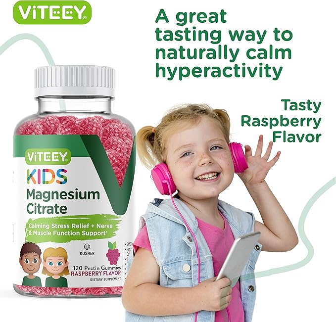 Viteey Kids Magnesium Citrate Gummies - Supports Sleep Aid, Calm Gummies, Muscle Relaxer, Optimal Relaxation - Vegetarian, Gelatin Free, Gluten Free, GMO Free - Tasty Chewable Raspberry Flavored Gummy