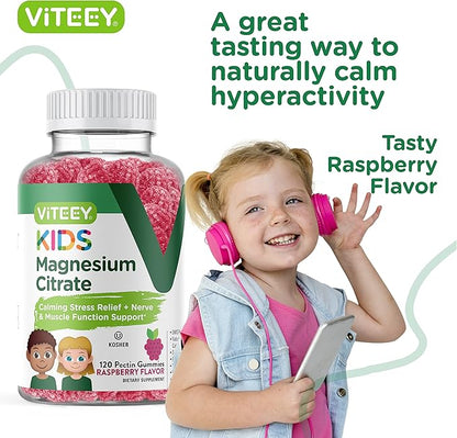 Viteey Kids Magnesium Citrate Gummies - Supports Sleep Aid, Calm Gummies, Muscle Relaxer, Optimal Relaxation - Vegetarian, Gelatin Free, Gluten Free, GMO Free - Tasty Chewable Raspberry Flavored Gummy