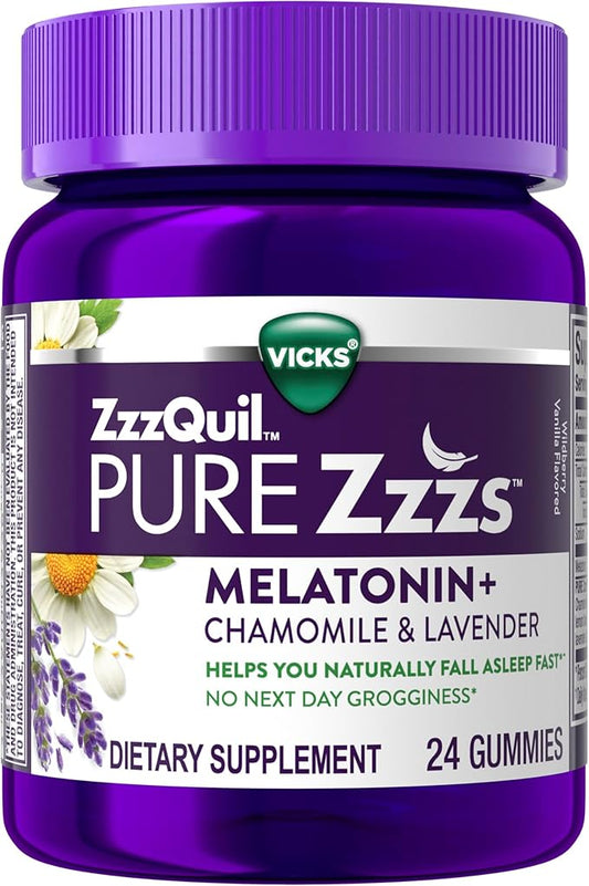 ZzzQuil Pure Zzzs Melatonin Gummies, Sleep Aid, Melatonin 2mg, with Chamomile & Lavender, Melatonin Sleep Gummies, Sleep Aids for Adults, Wildberry Vanilla Flavored, 24 Sleep Gummies