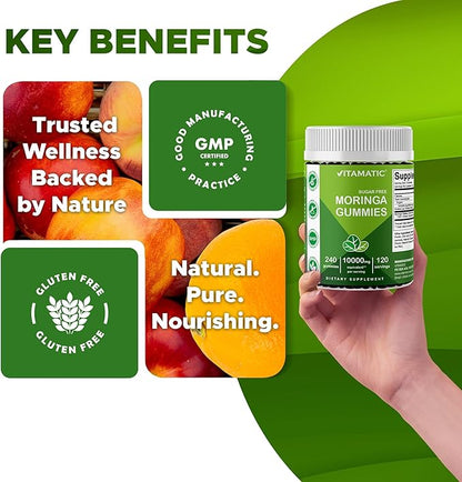 Vitamatic Moringa Gummies – Sugar-Free 50:1 Plant-Based Extract – Green Superfood – Pectin-Based, Vegan, Non-GMO – 240 Gummies