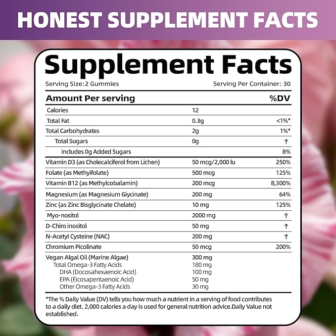Myo-Inositol & D-Chiro Inositol Gummies for Female，PCOS Gummy for Women Menstrual Cycle Health & Wellness, 40:1 Ratio Inositol with Vitamin D3 Magnesium Glycinate, Folate & Zinc