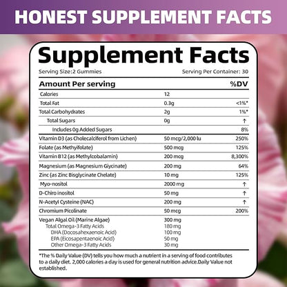 Myo-Inositol & D-Chiro Inositol Gummies for Female，PCOS Gummy for Women Menstrual Cycle Health & Wellness, 40:1 Ratio Inositol with Vitamin D3 Magnesium Glycinate, Folate & Zinc