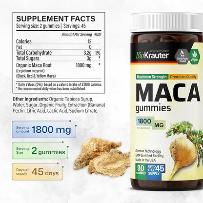 BIO KRAUTER Maca Root for Women and Men - Black, Red & Yellow Maca Supplement 1800 mg for Drive, Performance & Energy Support - 90 Gummies, 45-Day Supply, Non-GMO, Banana Flavor