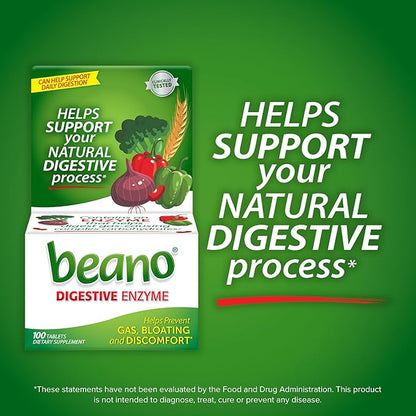Beano Digestive Enzyme, Preventive Gas Relief for Adults, Helps Prevent Gas & Bloating, 100 Tablets
